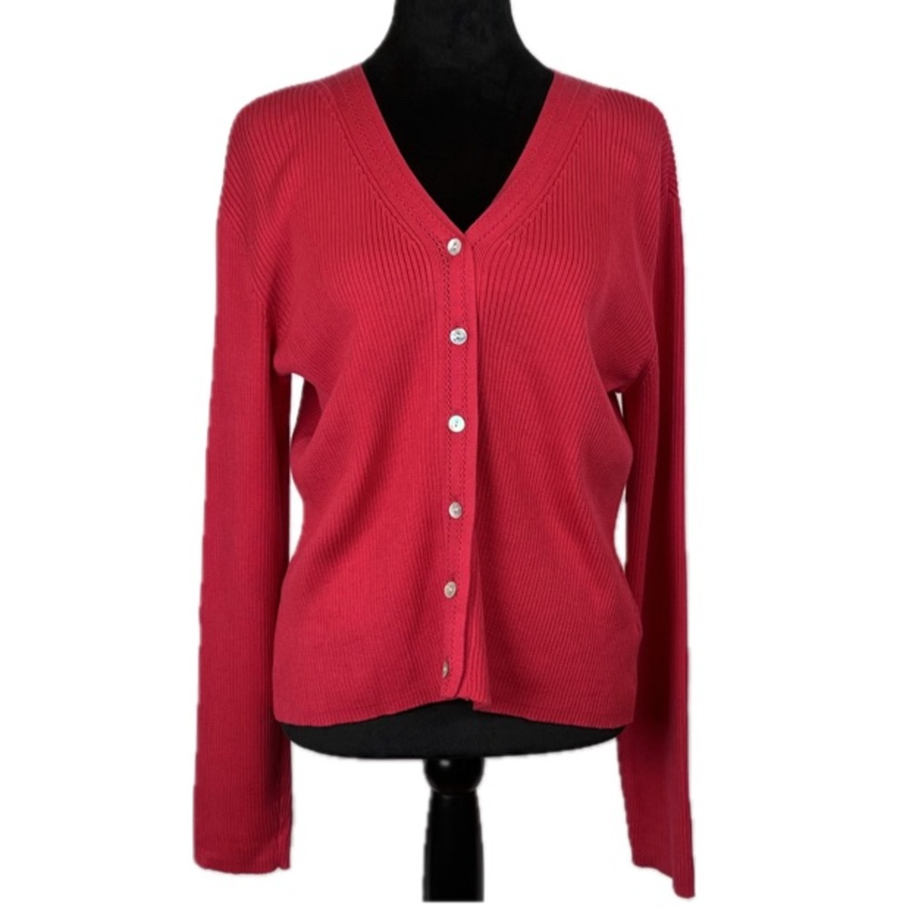 100% Ribbed Cotton Cardigan Sweater M HOT Pink Long Sleeve Pointelle Detail